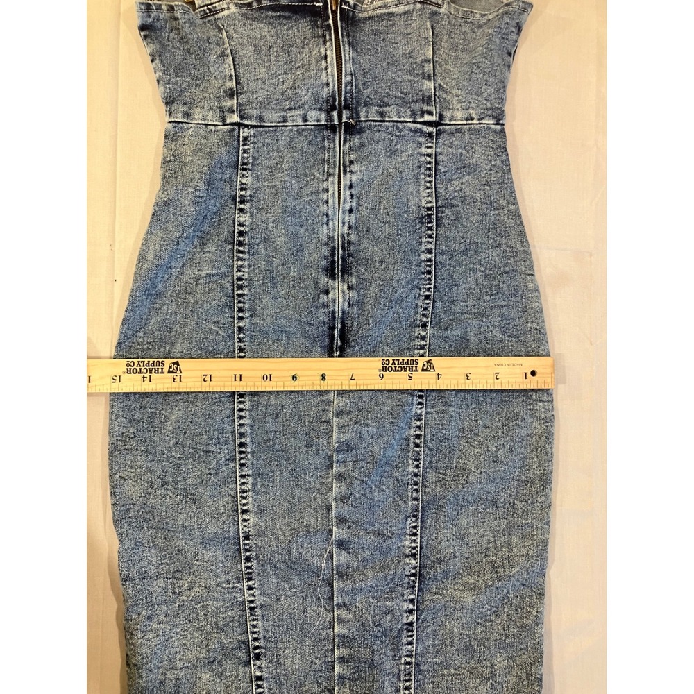 Womens Acid Wash Denim Bodycon Dress Blue Sleeveless Size Small Front Slit Zip - Picture 4 of 8